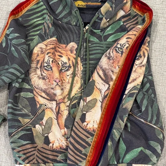 Aviator Nation Mens S Tiger Print zip Hoodie with velvet stripes - Picture 3 of 4
